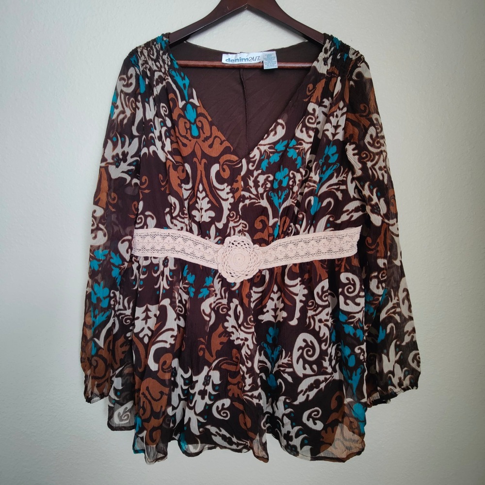 Vintage Y2K Babydoll Top Blouson‎ Sleeve Sheer Crochet Fairycore Whimsigoth 20W